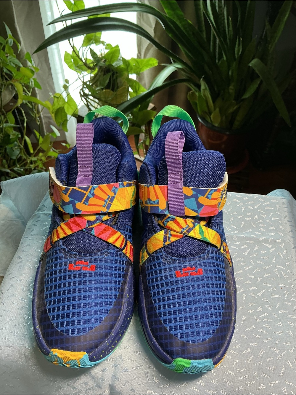 Nike Kids LeBron Navy Sneakers with Multicolor Straps